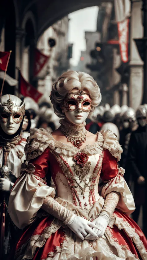 a woman in a red dress and mask walking down a street