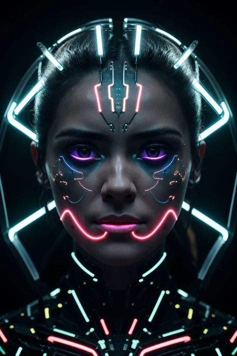 (8k, RAW photo, highest quality), hyperrealistic, abstract style, futuristic hyperrealistic portrait of a half-human, half-machine entity, mechanical face parts, adorned with neon lights and circuitry, emanating an ethereal glow, intricate abstract, intric...