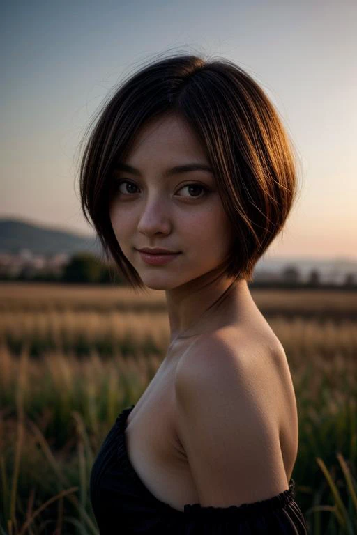 a close up of a woman in a black dress in a field