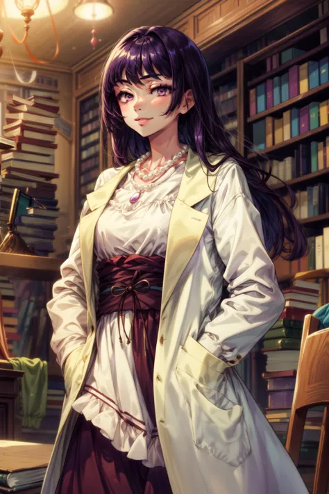 a woman in a library with a book shelf full of books