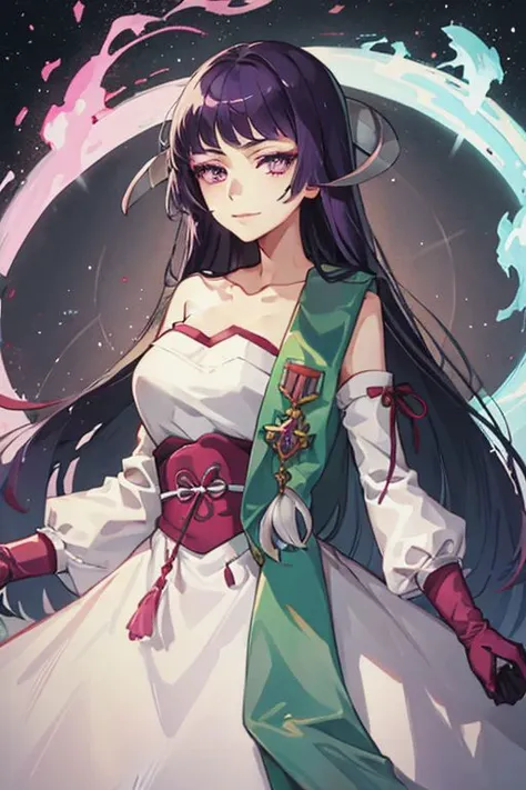 a woman in a white dress with long black hair and a green belt