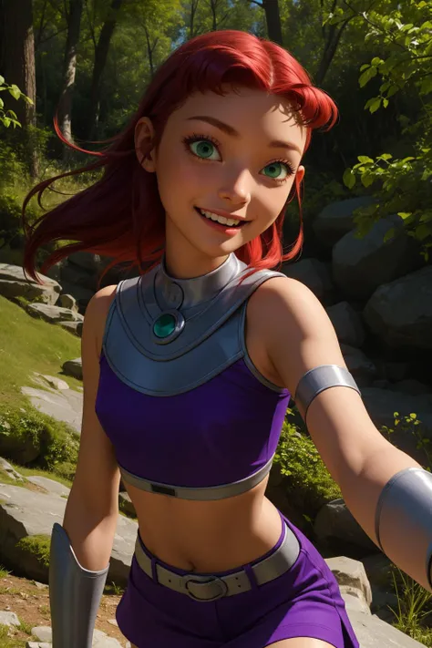 starfire, 1girl, solo, green eyes, long hair, red hair, orange skin, dark skin, dark-skinned female,
purple miniskirt, purple crop top, sleeveless, bare shoulders, purple thighhighs, midriff, armlet, gloves, vambraces, 
smile,closed mouth,cowboy shot,
fore...