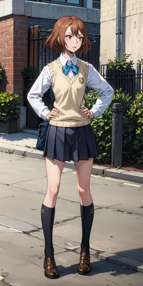 masterpiece, best quality, highres,  <lora:Cheetah:1>, school uniform, sweater vest, hand on hips, in the yard of High school