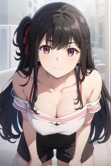 nagisanatsunagi, <lora:nagisa natsunagi s1-lora-nochekaiser:1>,
nagisa natsunagi, long hair, black hair, (red eyes:1.3), very long hair, one side up, smile,
BREAK shirt, cleavage, bare shoulders, collarbone, white shirt, shoes, shorts, off shoulder, short ...