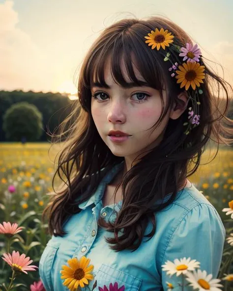 analog proto, beautiful young girl standing in a field of colourful flowers, summer, beautiful lighting, (photorealistic, sharp focus), ultra detailed, closeup