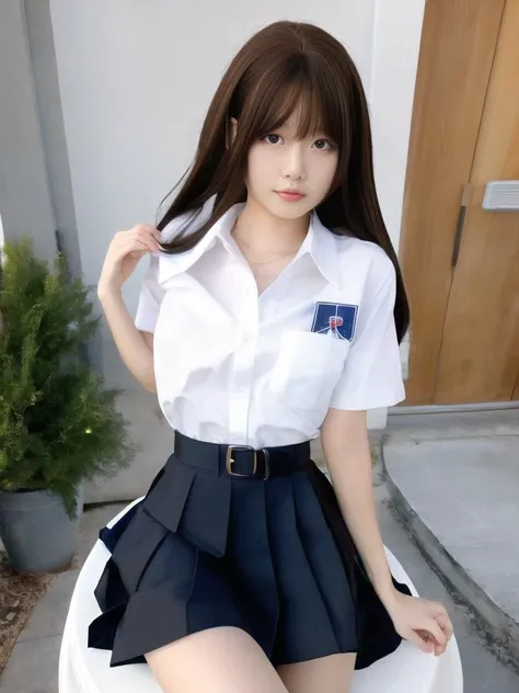 best quality, ultra high res, (photorealistic:1.4), 1girl, (brown hair), small breasts, white button shirt, black skirt, school uniform, looking at the viewer, facing viewer,