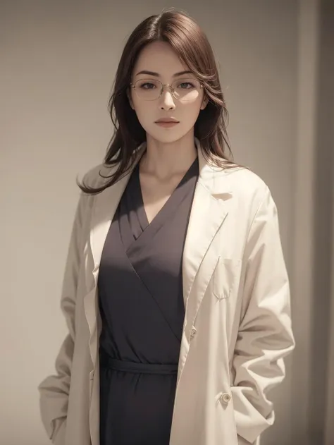 Best quality, masterpiece, ultra high res, RAW photo, (photorealistic:1.4), a woman with rimless eyewears, <lora:Gaoqilanv2:0.6> doctor white coat, (narrow waist:1.2), long hair, in the hospital, bokeh, beautiful lighting