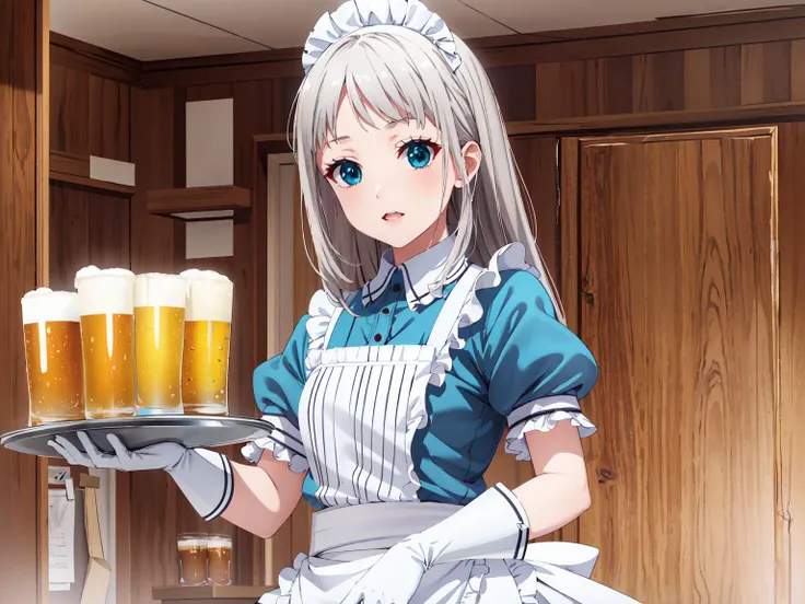 (masterpiece:1.2, best quality:1.1, highres,absurdres, high quality),(photorealistic:1.1),reflected light, colorful,ultra-detailed,8k, ultra hd, super detailed,
hiderikanzaki,hideri kanzaki, grey hair,aqua eyes,   tavern,  (hold tray with beer),gloves, dre...