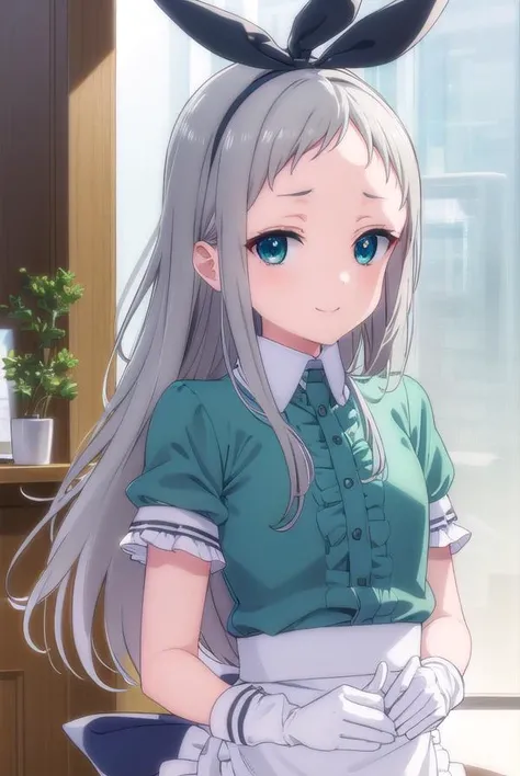 hiderikanzaki, <lora:hideri kanzaki s1-lora-nochekaiser:1>,
hideri kanzaki, long hair, bow, (green eyes:1.3), hair bow, grey hair, male focus, hairband, black hairband, otoko no ko, (forehead:1.2), smile,
BREAK gloves, dress, short sleeves, frills, puffy s...