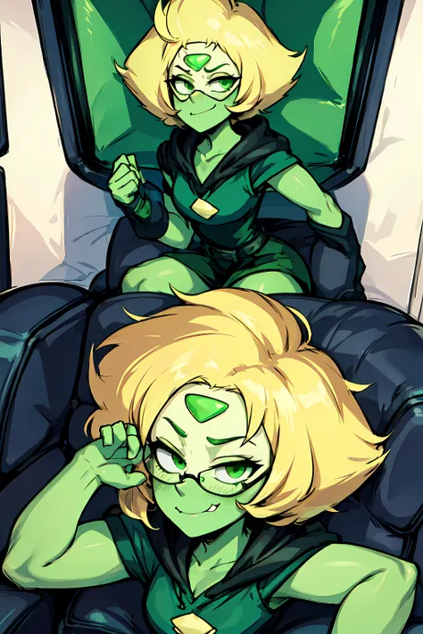 <lora:Peridot(SU):1> Peridot(SU), colored skin, green skin, forehead jewel, blonde hair, green eyes, glasses, 1girl, solo, smug,