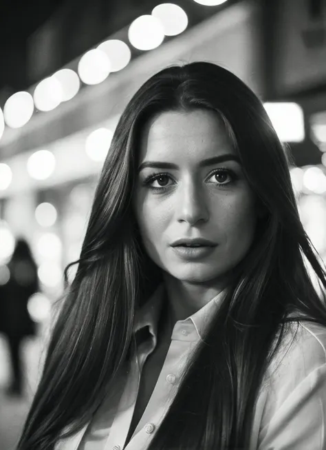 candid RAW close up portrait photo of sks woman in a (purple colored suit:1.0) on a dark street with shopping windows (at night:1.2), bokeh, Ilford Delta 3200 film, dof, high definition, detailed, intricate, flashlight, <lora:locon_paigejennings_v1_from_v1...