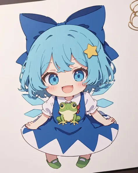 a close up of a drawing of a girl with blue hair and a frog