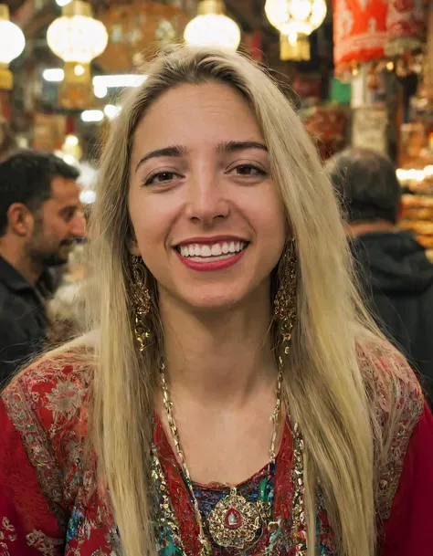 Alicia, a blonde-haired woman with a captivating smile and perfect teeth, stands in the Istanbul Grand Bazaar, her long hair swaying gracefully as she looks directly into the viewers eyes; donning makeup that accentuates her natural features and a colorful...