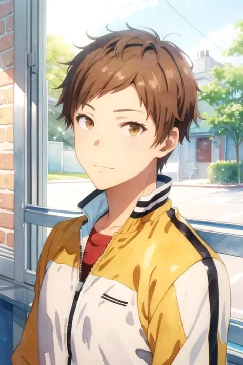 masterpiece, best quality, illustration, 1boy, solo, male focus, looking at viewer, upper body, , (watercolor illustration, soft pastel colors:1.1), , <lora:taiyou_ooga:0.68>, taiyou_ooga, brown hair, brown eyes, track jacket, , , HD