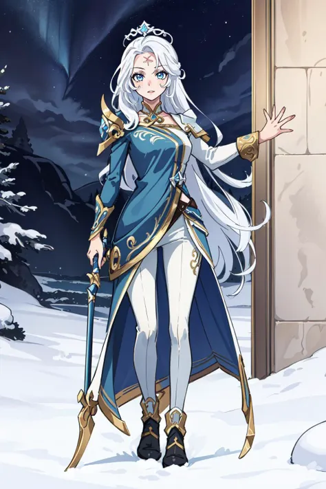 a woman in a blue dress and white hair standing in the snow