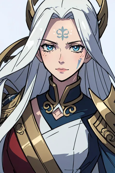 a woman with white hair and blue eyes wearing armor