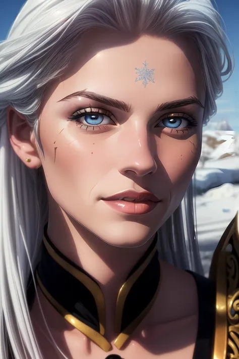 a close up of a woman with white hair and blue eyes