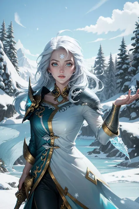 (Masterpiece:1.2), best quality, <lora:Winterblessed_Diana-000016:0.8>, winterblessed diana, 1girl, dress, pauldrons, long hair, white hair, upper body, frozen lake, ice, snow, cowboy shot