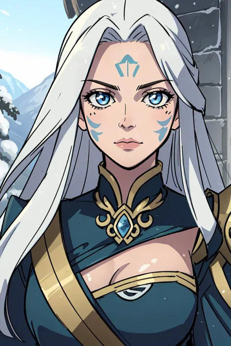 a woman with white hair and blue eyes in a blue outfit