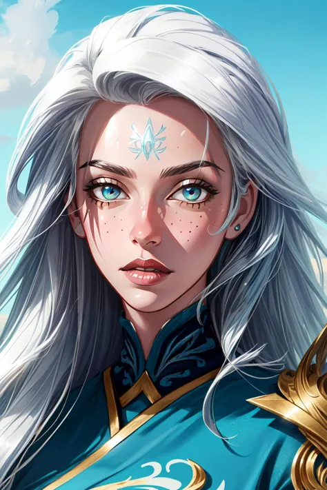 (masterpiece, best quality), intricate details, ((realistic)), (hyperrealism:1.2), (fractal art:1.2), 
1girl,     <lora:Winterblessed_Diana:0.8> winterblessed diana, dress, pauldrons, long hair, white hair, forehead mark,
 (perfect face:1.3),  extreme deta...