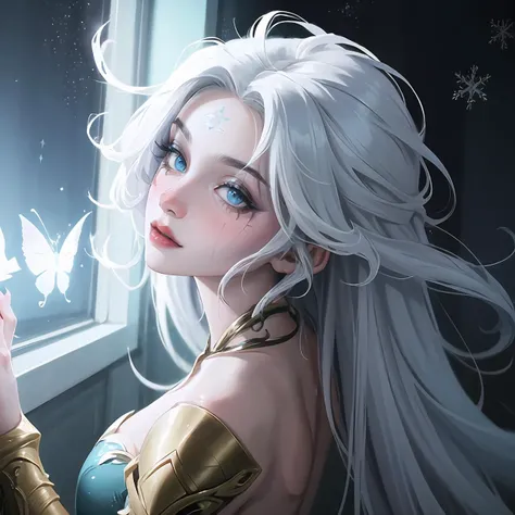 <lora:Winterblessed_Diana:0.75> Masterpiece, best quality, winterblessed diana, 1girl, blue eyes, white hair, sparkles, makeup, face blush, medium breasts, thick puffy lips,
pov, 
atmospheric lighting, cinematic, neon haze aesthetic,
butterfly, arching her...