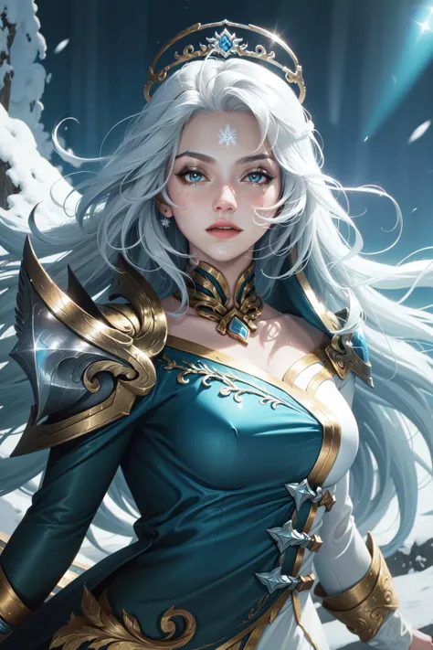 (Masterpiece:1.2), best quality, <lora:Winterblessed_Diana-000016:0.8>, winterblessed diana, 1girl, dress, pauldrons, long hair, white hair, upper body, cowboy shot