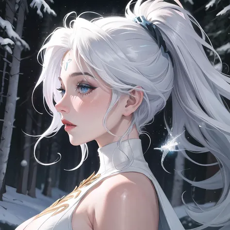 <lora:Winterblessed_Diana:0.75> Masterpiece, best quality, winterblessed diana, 1girl, blue eyes, white hair, sparkles, makeup, face blush, medium breasts, thick puffy lips, detailed, ambient lighting, super detailed,
in profile,
sleeveless turtleneck,
mic...