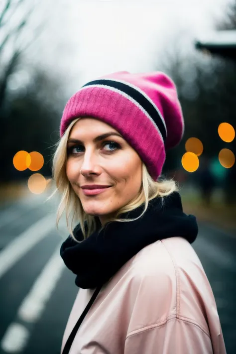 blond woman in a pink hat and scarf standing on a street