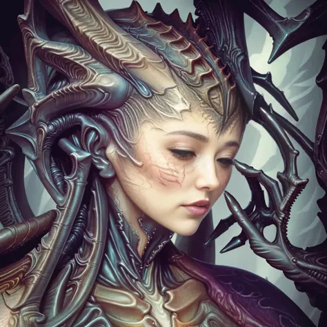 a close up of a woman with a dragon head and a dragon like body