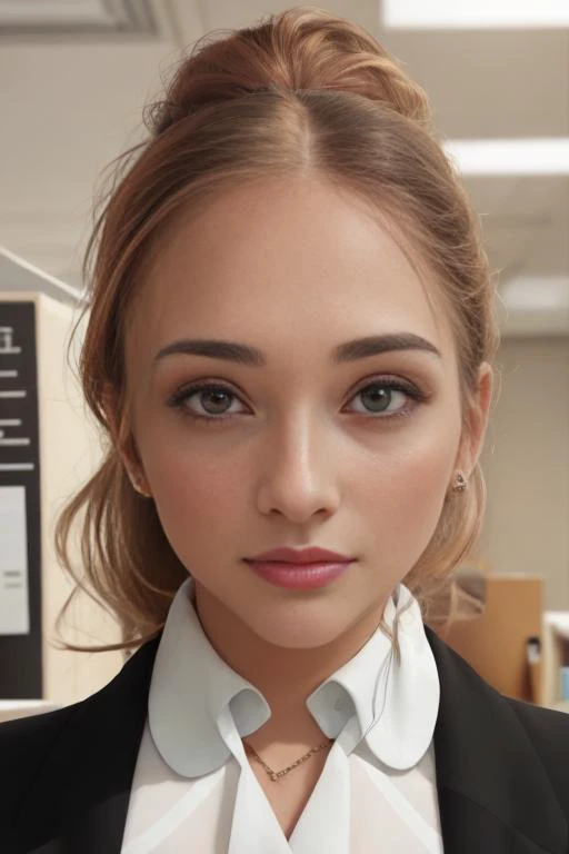 a close up of a woman in a suit and tie posing for a picture