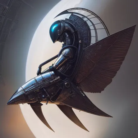 a close up of a person riding a flying object with a bird on it