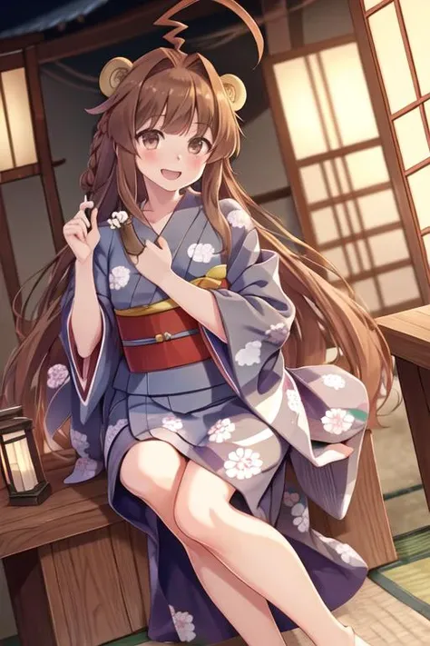 best quality, masterpiece, highres, solo, {yukata:1.40}, {kimono:1.20}, {kuma_kantaicollection:1.15}, brown_hair, long_hair, ahoge, brown_eyes, huge_ahoge, blush, smile, open_mouth, serafuku