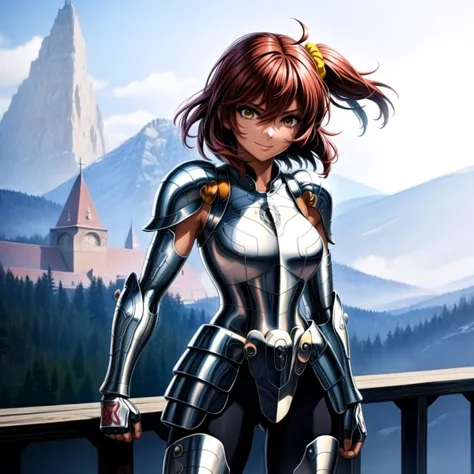 masterpiece, best quality, highres, solo, 1girl, subtle smile, detailed background,standing in front of a picturesque landscape,medium breasts,aaritsuka, short hair, ahoge, hair scrunchie,black scrunchie,fingerless gloves ,<lora:more_details:0.8>, pauldron...