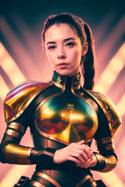 A talented female musician in a futuristic setting, playing a unique and intricate instrument that creates mesmerizing visual effects, lisaHannigan1 , Soft smile, realistic, detailed clothing, colorful explosion psychedelic paint colors:1.21::0.15, amazing...