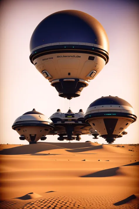 there are three spaceships that are flying over a desert