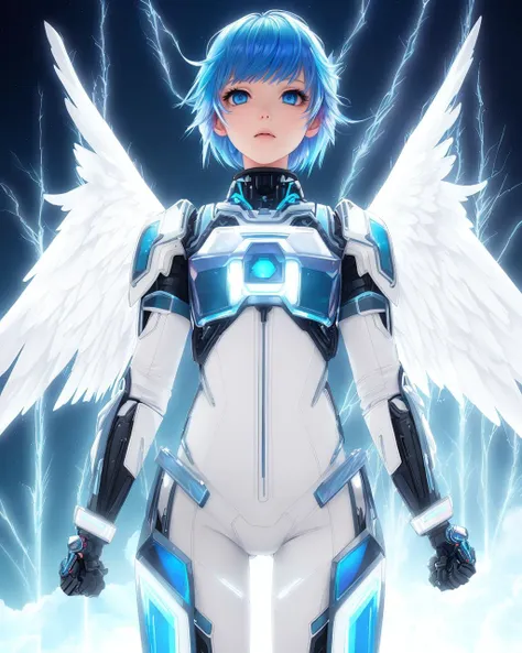 bangs! robot arms! angel wings, iridescent! closeup! light baby blue hair, cloud background, masterpiece, cyborg, 19 year old yo...