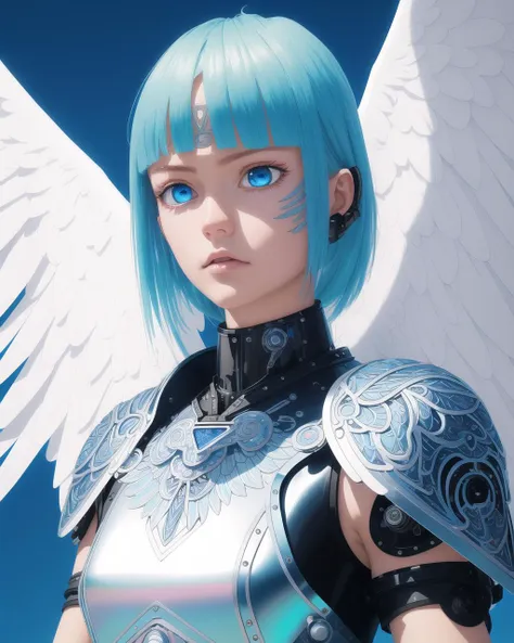 bangs! robot arms! hand drawn! by kai! blue lightning! angel wings, iridescent! closeup! light baby blue hair, cloud background,...