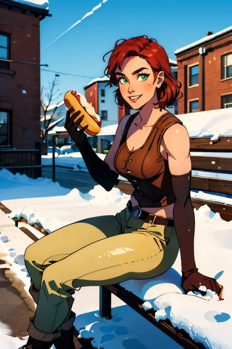 cait, green eyes, short red hair, brown vest, midriff, belt, brown pants, dirty clothes, elbow gloves, looking at viewer, smiling, sitting, holding food, hot dog bun, on bench, outside, city, snow, blue sky, high quality, masterpiece,<lora:cait:.8>