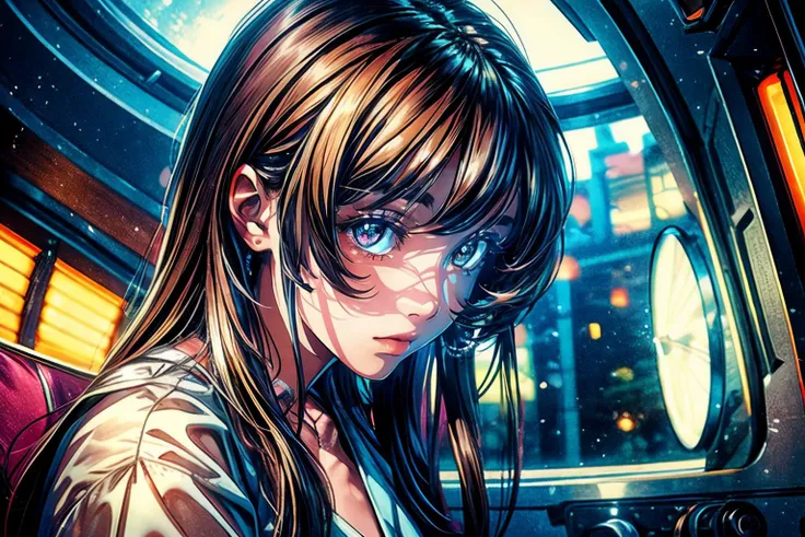 (masterpiece, best quality), raw photo, photorealistic, ultra photoreal, HDR, 4K, 8K, 16K, ultra detailed, extremely detailed, intricately detailed, absurdres,
1girl, solo, 
Gazing at the cosmos from a futuristic observatory, a sense of wonder in her eyes....