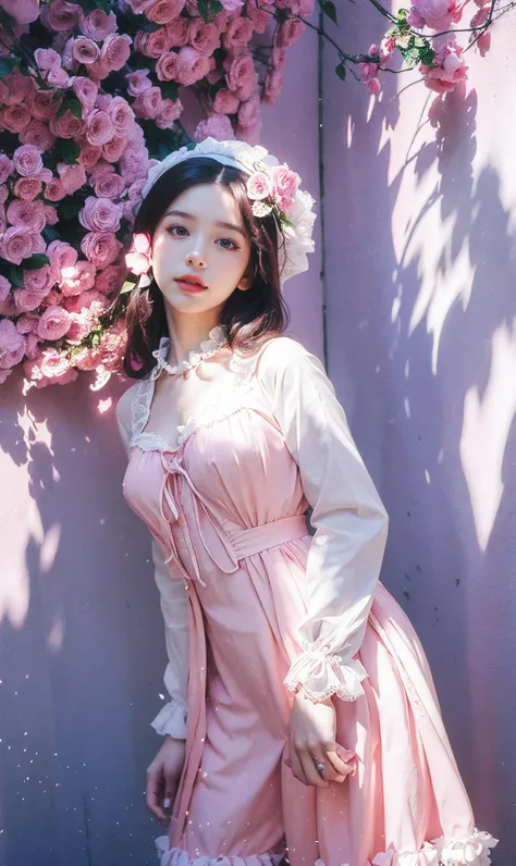 (RAW photo, best quality), (realistic, photo-realistic:1.30),girly,solo,a woman in a pink dress and bonnet standing in front of a (flower covered wall) with pink flowers on it,(style:1.5),detailed background,soft lighting,gorgeous light and shadow ,stunnin...