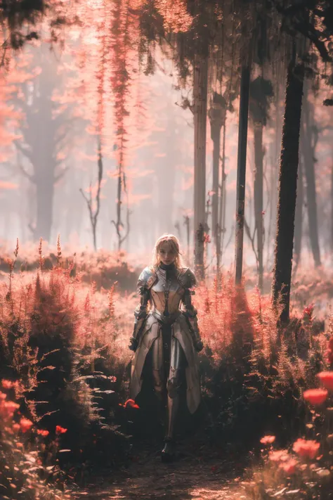 cinematic photo biomechanical style land art style hyperrealistic (A landscape with a pink atmosphere that scatters the light in different hues, creating a colorful and whimsical environment. The flora is fantastical and whimsical, such as cotton candy clo...