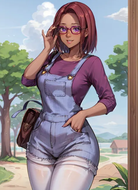 ((best quality)), ((highly detailed)), masterpiece, absurdres, extremely detailed face, beautiful face, (detailed eyes, deep eyes), (1girl), cowboy shot, <lora:hairdetailer:.8>, <lora:maru:1>, maru, (dark skin), red hair, short hair, purple eyes, glasses, ...