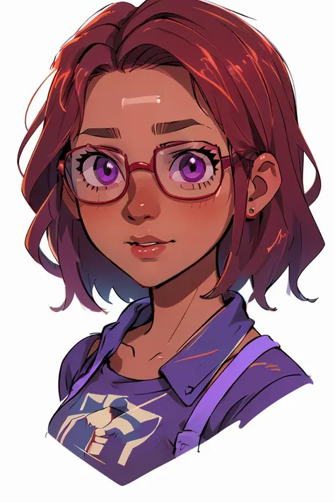 (masterpiece, best quality), 1girl, beautiful face,   <lora:maru:1> maru, dark skin, purple eyes, glasses, red hair, short hair,