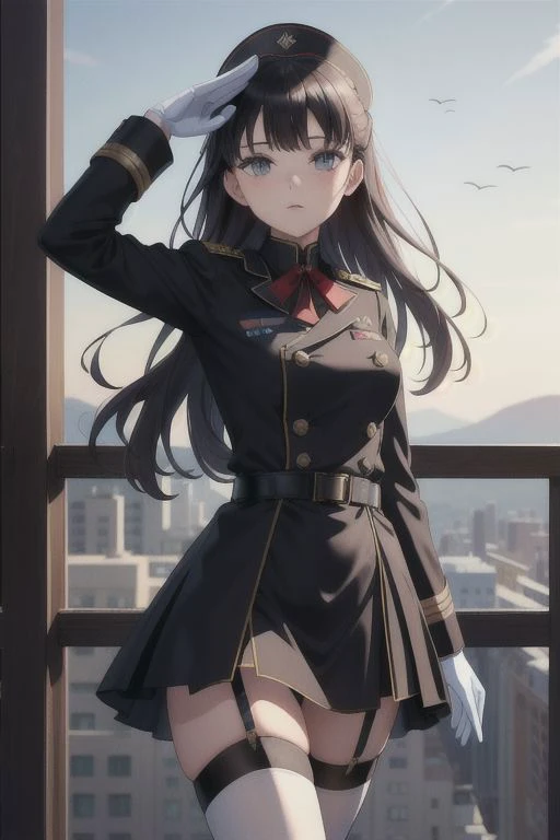 beautiful, masterpiece, best quality, extremely detailed face, perfect lighting, 1girl, vladilena milize, military uniform, black jacket, multiple belts, black skirt, garter straps, white thighhighs, standing, military salute, <lora:Vladilena Milize , <lyc...