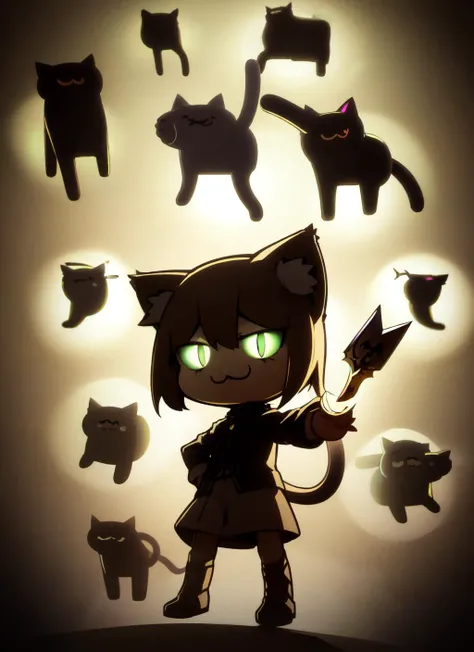 gate_of_babylon, 1girl, full body, :3, cat ears, chibi, cat girl, cat tail, solo, slit pupils, glowing circles in background, sword, back lighting, raised arm <lora:Neco-Arc:0.6> <lora:Gate_of_babylon:0.9>