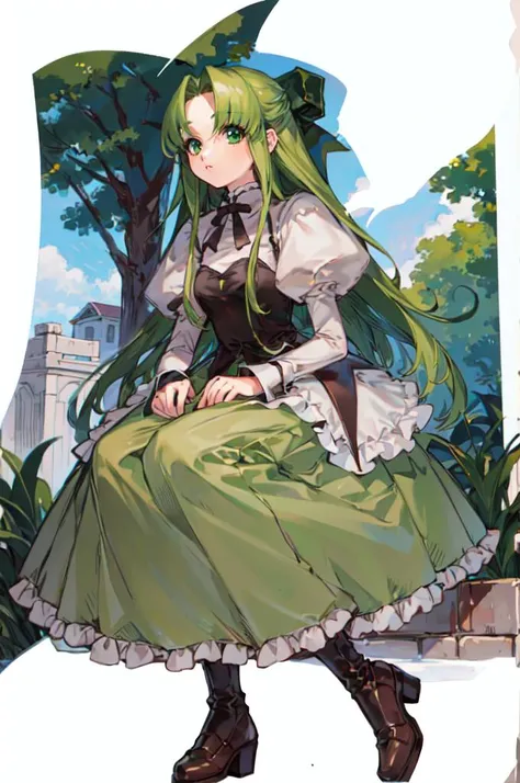 <lora:unxi:1> <lora:RtPL-Fia:1> Fia_(riviera), green eyes, green dress, very long hair, long hair, bow, dress, frills, frilled dress, long sleeves, puffy sleeves,, ultra detailed, masterpiece, best quality, aesthetic, detailed,