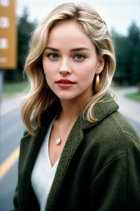 photo of (sh4r0nst-135:0.99), a beautiful woman, closeup portrait, perfect blonde hair, 80s hairstyle, (80s photo), (Pine Green Chunky knit wrap coat), 24mm, (analog, cinematic, film grain:1.3), (plain Road Sign Brown background, gradient:1.1), detailed ey...