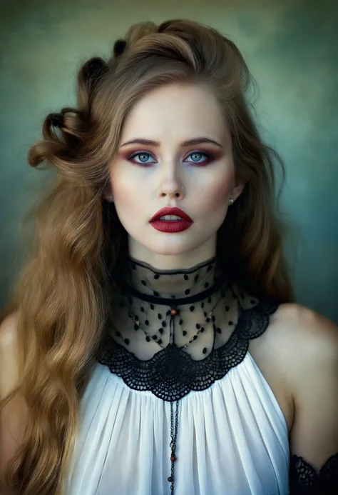 a woman with long hair and a choker is posing for a picture