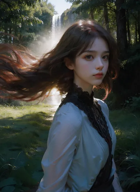 official art, masterpiece, best quality,
Subtle narrative, enigmatic atmosphere, atmospheric perspective, fluid movement, ethereal quality,
Dramatic Lighting, Bold Coloration, Vibrant Warmth,
slg,forest,path,waterfall,grass,
1girl,scarlet art, iridescent h...