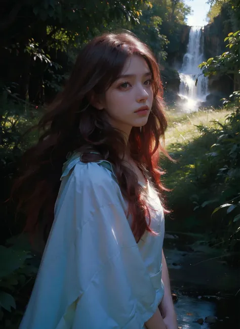 official art, masterpiece, best quality,
Subtle narrative, enigmatic atmosphere, atmospheric perspective, fluid movement, ethereal quality,
Dramatic Lighting, Bold Coloration, Vibrant Warmth,
slg,forest,path,waterfall,grass,
1girl,scarlet art, iridescent h...